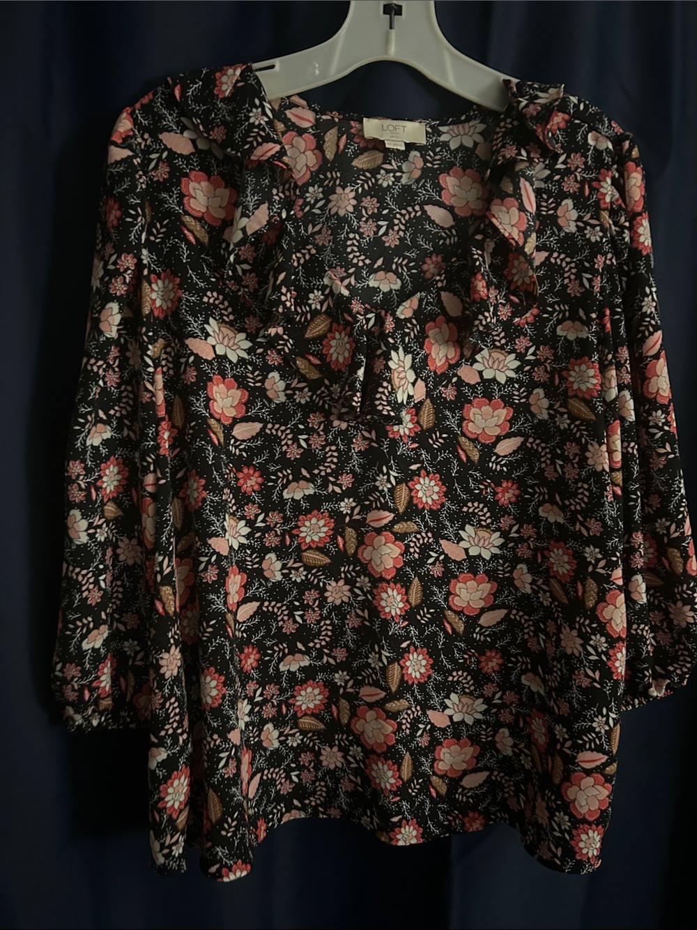 LOFT Black Floral Ruffle-Trim V-Neck Long-Sleeve Blouse